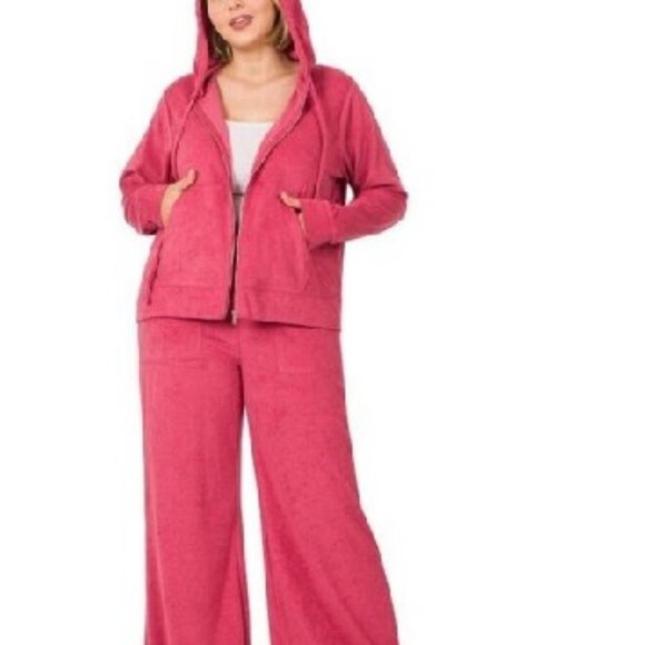 Zenana Plus Size Set Sweatpants Hoodie Full Zip Jacket Loop Terry Rose 1X 2X 3X - Picture 2 of 5